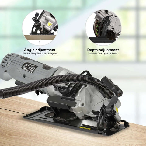 Inequalit mini circular saw, corded with vacuum adapter and 4-1/2 in blade on wood bench