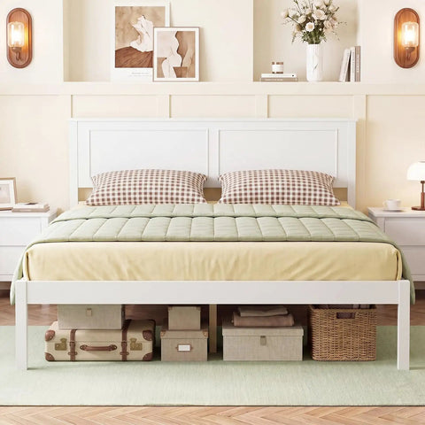 Full Size Wood Bed Frame With Headboard, Mid Century Modern Platform Bed Delivering Chill Vibes, wooden slat support, underbed storage.