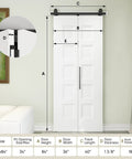 36 X 84 Inch White Primed Five Panel Bifold Barn Door Ready To Paint Top Shelf Interior Closet And Pantry Slider with dimensions and hardware.