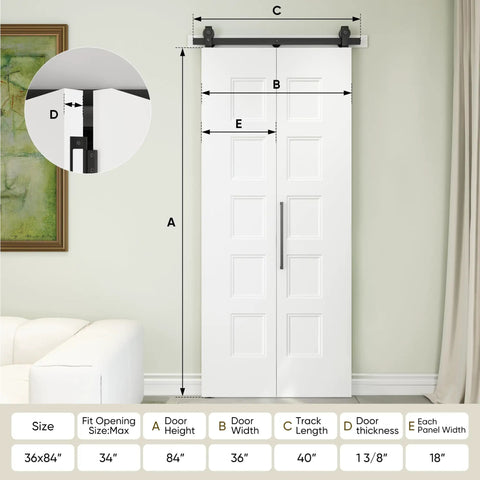 36 X 84 Inch White Primed Five Panel Bifold Barn Door Ready To Paint Top Shelf Interior Closet And Pantry Slider with dimensions and hardware.