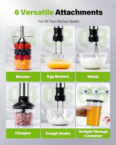 Heavy Duty 6 In 1 Immersion Blender With 1000W Copper Motor And 20 Speeds Powers Through Soups And Meats Silky Smooth In Seconds Includes 6 versatile attachments for blending and mixing.