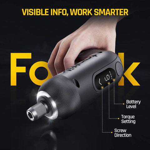 Close-up of a hand holding the Beast Cordless Screwdriver Kit with Digital Screen and Front LED Light.