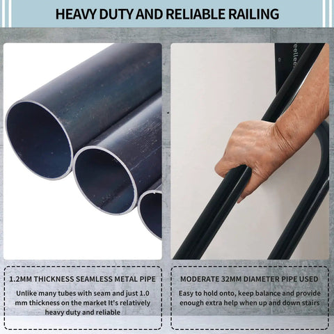 Close-up of black metal tubing and hand gripping Left Side Wall Mounted Handrail For 1 To 3 Steps, Heavy Duty U Shape Grab Bar