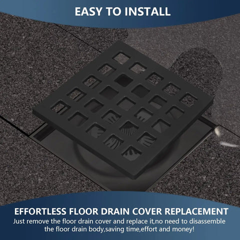 Three And Three Quarters Inch Square Shower Drain Grate Matte Black Stainless Steel Hair Catcher Drain Strainer For Bathrooms