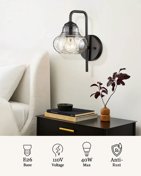 Bedroom setting showing Rustic Wall Sconces Set Of 2 With Hand Blown Bubble Glass Shades, Modern Matte Black Vanity Lights by bedside.