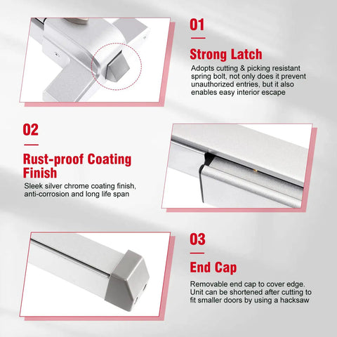 Commercial Exit Door Panic Bar With External Lever In Silver Stainless Steel, Fireproof Lock Set details including latch and rust-proof coating