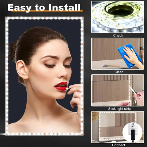 Vanity Mirror Lights For Makeup And Dressing Table Kit 13ft Flexible LED Strip with 6000K Daylight White dimmer installation guide