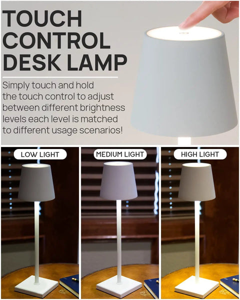 13 Inch Aluminum Cordless Table Lamp With 5200mAh Battery, USB C Rechargeable, 3 Way Dimmable Touch Light, showing dimming modes.