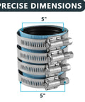 40 Piece Heavy Duty No Hub Pipe Couplings With Stainless Steel Clamps And Five Inch Blue Rubber Sleeve stacked with precise dimensions.