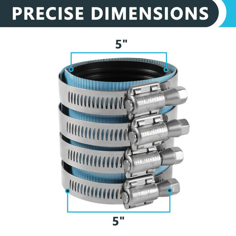 40 Piece Heavy Duty No Hub Pipe Couplings With Stainless Steel Clamps And Five Inch Blue Rubber Sleeve stacked with precise dimensions.
