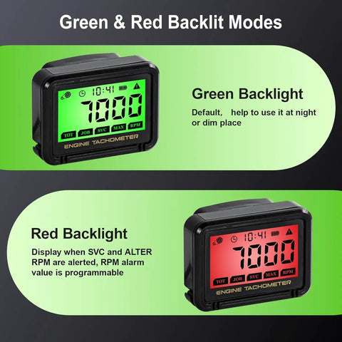 Digital Tachometer With RPM Alarm And Hour Meter, Green and Red Backlit Modes, Compact Small Engine Gauge for Various Vehicles