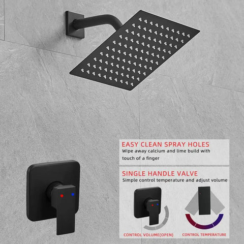 Matte Black Rain Shower System With Stainless Steel Shower Head, Wall Mount Design, Single Function Trim Kit With Rough In Valve, Brass Valve Construction, Easy Install Bathroom Shower Set