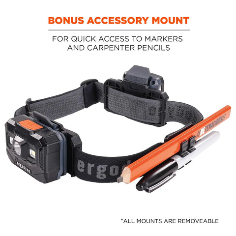 Skullerz 8980 Universal Headlamp Strap with pencil and marker accessory attached, black stretchable nylon band visible.