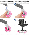 Four-step installation process for Pink Rollerblade Office Chair Wheels Set Of Five, showcasing easy tool-free setup.