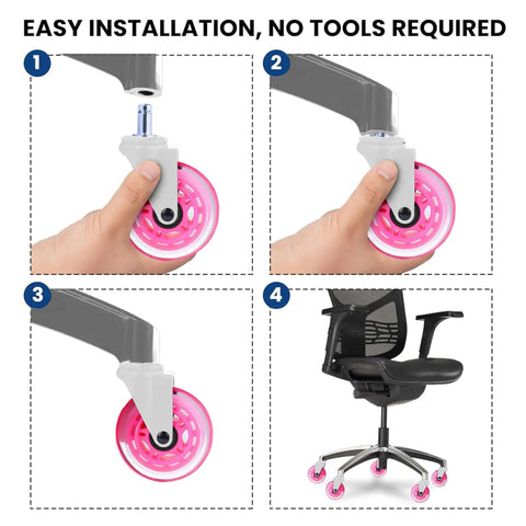 Four-step installation process for Pink Rollerblade Office Chair Wheels Set Of Five, showcasing easy tool-free setup.