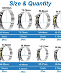 Heavy Duty T Bolt Hose Clamp Kit, 16 Pcs, Eight Sizes, Range 28 To 91 Millimeters, 304 Stainless Steel, size chart image