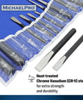 27 Piece Punch And Chisel Set With Center Punches Pin Punches Long Taper Starter Punches Chisels Gauge And Tool Pouch In Heavy Duty CR-V Steel For Pros And DIYers, showing chisels in blue pouch.