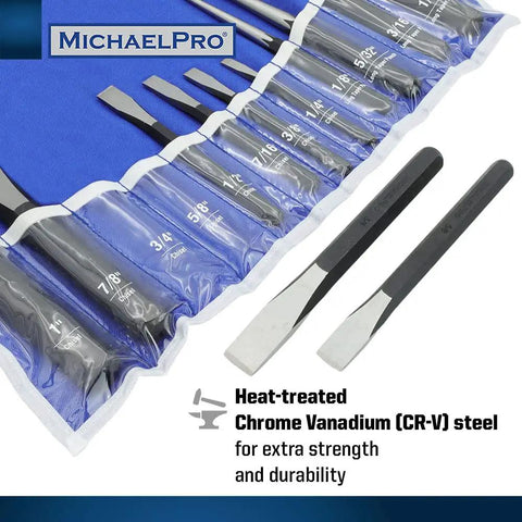 27 Piece Punch And Chisel Set With Center Punches Pin Punches Long Taper Starter Punches Chisels Gauge And Tool Pouch In Heavy Duty CR-V Steel For Pros And DIYers, showing chisels in blue pouch.