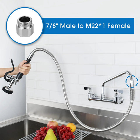 Built Different Commercial Sink Sprayer With 45 Inch Flexible Stainless Pre Rinse Hose and Heavy Duty Overhead Spring Replacement Kit in use over fruits.