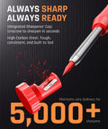 Built Like A Tank Carpenter Pencil Set With Sharpener And Eraser Includes Two Wide Marking Sticks Twenty Six Colored Refills Three Deep Hole Markers Plus Snug Storage Case For Real World Job Site Grind, featuring red sharpener with cap.