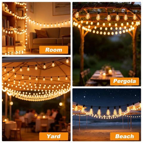 50Ft Outdoor String Lights With Remote Control illuminating room, pergola, yard, and beach settings at night.