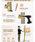 Heavy Duty Portable Lifting Stacker For Easy Wall Cabinet Installation And Heavy Panel Placement Manual Floor Material Lift With Compact Trolley Design, close-up of manual crank and electric drill compatibility.
