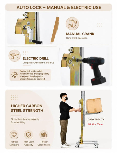 Heavy Duty Portable Lifting Stacker For Easy Wall Cabinet Installation And Heavy Panel Placement Manual Floor Material Lift With Compact Trolley Design, close-up of manual crank and electric drill compatibility.