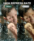 High Refresh Rate comparison of child in water at 90fps and 60fps, showing clearer visuals with less motion blur.