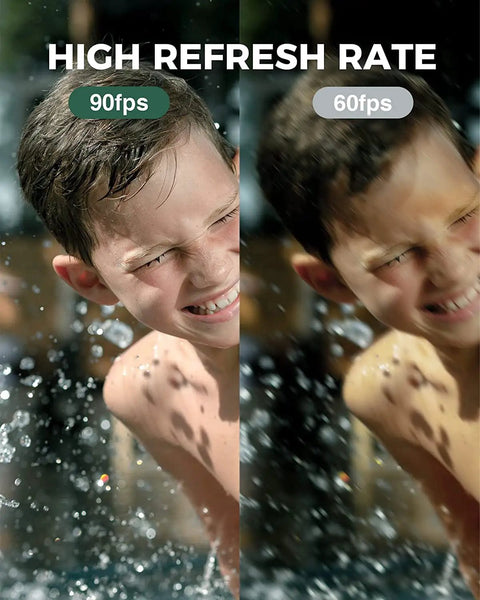 High Refresh Rate comparison of child in water at 90fps and 60fps, showing clearer visuals with less motion blur.