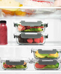 Ten Pack 22 Oz Glass Meal Prep Containers With Lids Durable Borosilicate Glass For Fresh Meal Prep Microwave Oven Freezer And Dishwasher Safe Easy Stackable Lunch Storage Portion Control Gray stacked in fridge