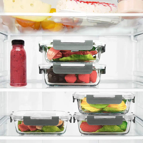 Ten Pack 22 Oz Glass Meal Prep Containers With Lids Durable Borosilicate Glass For Fresh Meal Prep Microwave Oven Freezer And Dishwasher Safe Easy Stackable Lunch Storage Portion Control Gray stacked in fridge