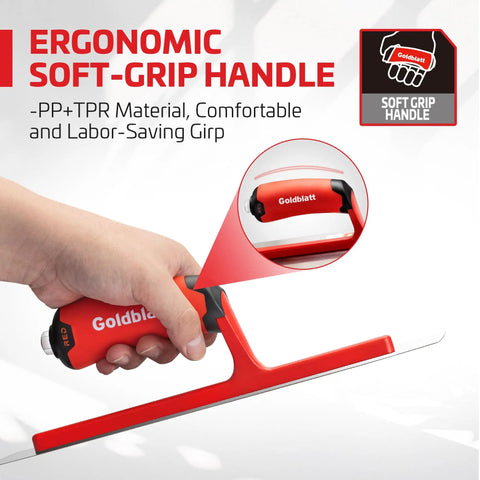 Red Stainless Steel Finishing Trowel 12x4 Top Notch Pro Grade Drywall Masonry Trowel With Soft Grip Handle in hand.