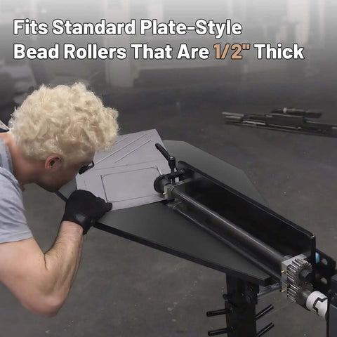 Worker using Heavy Duty Bead Roller Table With Sturdy Tube Frame For Metal Fabrication 36.25 Inch Long 19.5 Inch Wide At Widest 5 Inch Narrowest
