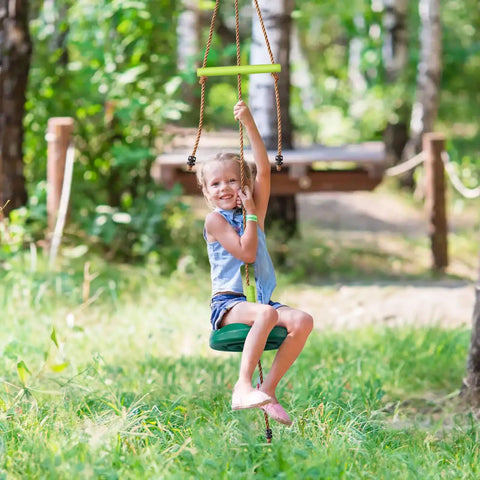 Child on Disc Swing With Monkey Bars For Backyard Playground Set Heavy Duty Rope Swing Seat With Carabiner Outdoor Jungle Gym Green