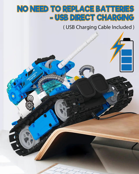 Five In One STEM RC Robot Building Kit With 494 Pieces App Coding Hands On Learning Toy For Ages 8 To 13 AI Interactive Robot With Expressive Eyes And Transformations From Snail To Tank Kid Friendly And Super Cool. USB charging tank mode with cable