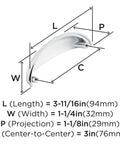 Dimensions diagram of Ravino Polished Chrome Cabinet Cup Pull 3 Inch Center To Center Drawer Handle For Cabinets And Furniture.