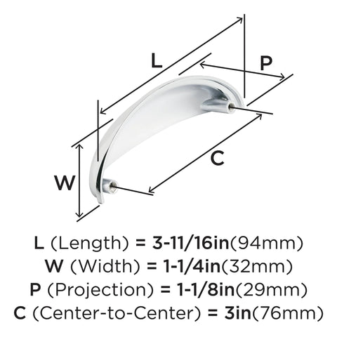 Dimensions diagram of Ravino Polished Chrome Cabinet Cup Pull 3 Inch Center To Center Drawer Handle For Cabinets And Furniture.