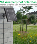IP66 weatherproof Solar Panel Charger mounted on brick wall with 11.8 ft cable in outdoor setting, durable aluminum alloy frame