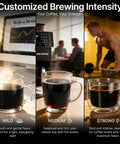 Mild, medium, and strong coffee options displayed in clear cups, showcasing the Compact Automatic Coffee Maker With Built In Grinder.