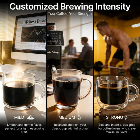 Mild, medium, and strong coffee options displayed in clear cups, showcasing the Compact Automatic Coffee Maker With Built In Grinder.