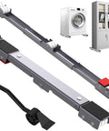 Extendable Appliance Sliders Heavy Duty Anti Slip With Lifter Lever Tool To Move Your Heavy Stuff Washers Dryers Furniture And Refrigerators From 20 To 36 Inches, shown in metal with wheels and lifter tool.