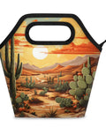 Desert Landscape Cactus Themed Insulated Lunch Bag Go To Lunch Tote For Work Or Picnic Large Capacity, showing desert scene design.
