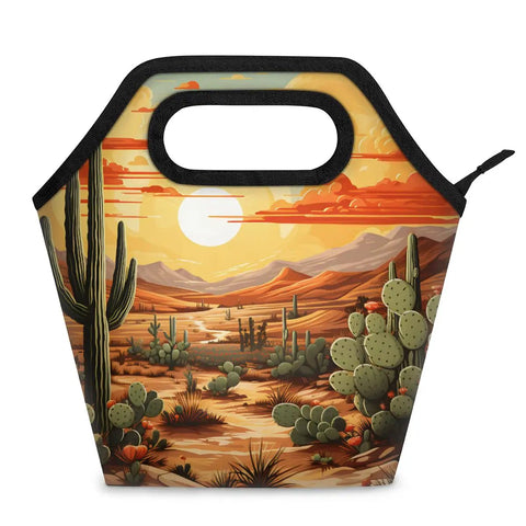 Desert Landscape Cactus Themed Insulated Lunch Bag Go To Lunch Tote For Work Or Picnic Large Capacity, showing desert scene design.