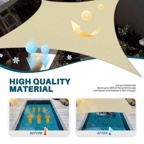 Graphic showing the 13x13 Foot Sun Shade Sail Outdoor Canopy For Backyard Yard Deck Patio Garden Beige Heavy Duty Shade Cloth, Permeable HDPE Material, Durable Tear-Resistant, illustrating UV protection and airflow benefits.
