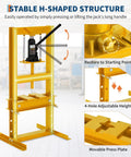 Heavy Duty 6 Ton Hydraulic Shop Press Garage Workhorse With Adjustable Height Table And Steel Plates For Knockout Bearing Replacement U Joint Pulling Metal Fabricating Projects Yellow showing stable H-shaped structure and adjustable height feature.