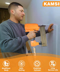 Person using Pro Spec 16 Gauge Pneumatic Finish Nailer Drives Three Quarter To 2 Inch Straight Nails, demonstrating precision work on trim.