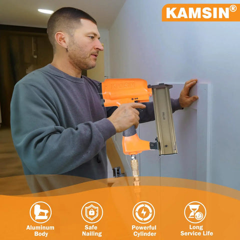 Person using Pro Spec 16 Gauge Pneumatic Finish Nailer Drives Three Quarter To 2 Inch Straight Nails, demonstrating precision work on trim.
