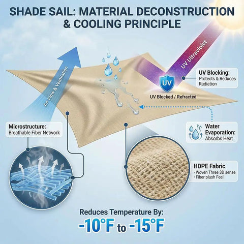 Illustration of Sun Shade Sail Sand Yellow Rectangle 12Ft By 15Ft Permeable Garden Canopy highlighting UV protection and material cooling properties.