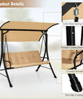 Three Person Porch Swing With Removable Cushions, Solid Steel Frame, Outdoor Patio Swing With Adjustable Canopy For Garden, Beige, showing product details like spring hook and powder-coated frame.