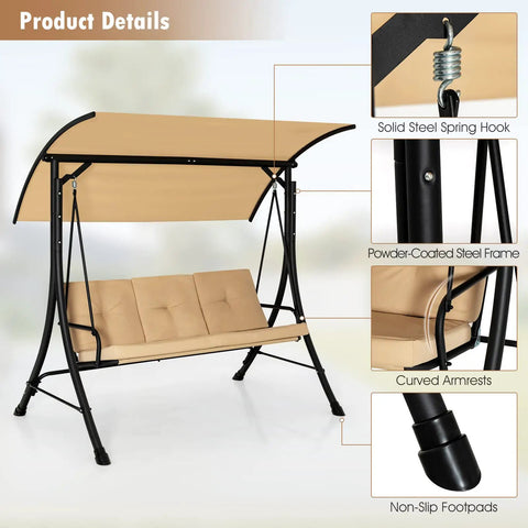 Three Person Porch Swing With Removable Cushions, Solid Steel Frame, Outdoor Patio Swing With Adjustable Canopy For Garden, Beige, showing product details like spring hook and powder-coated frame.